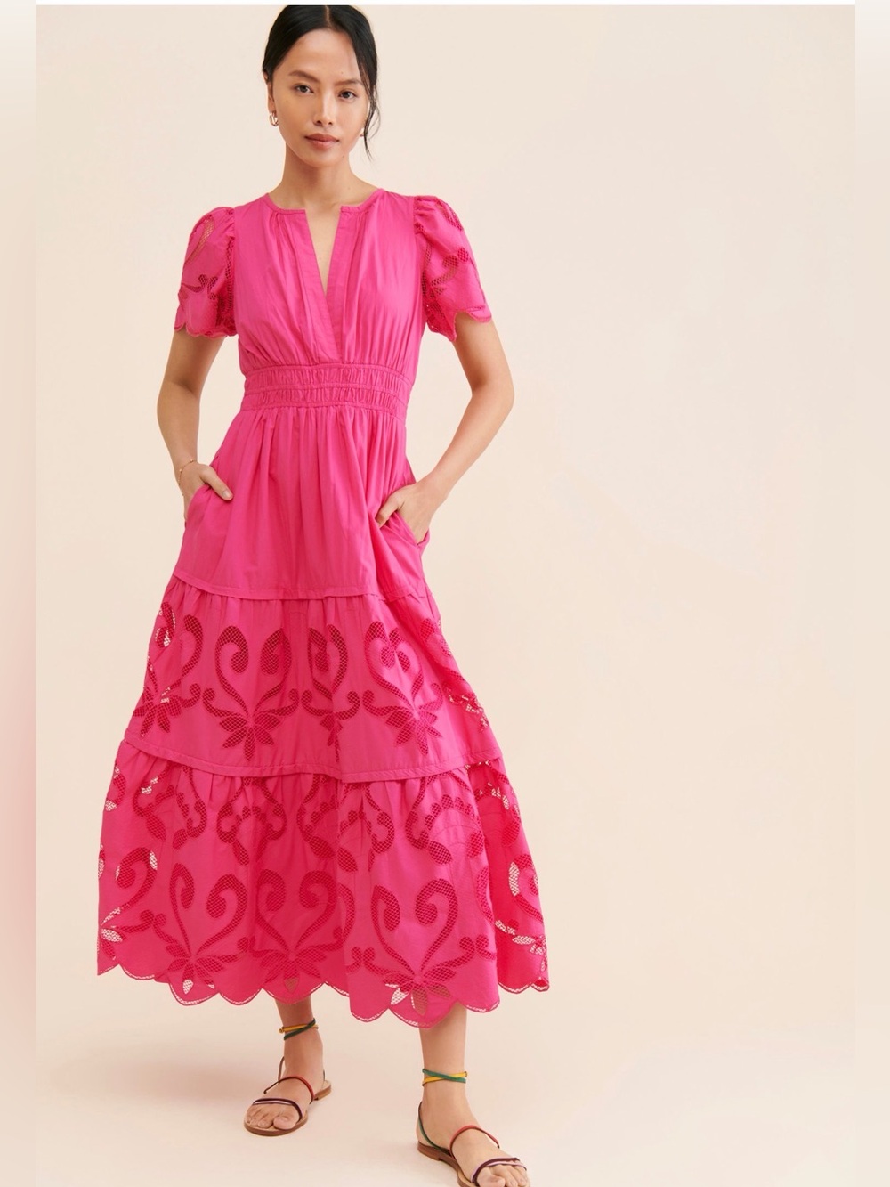 Anthropologie Petite Pink Embroidered Eyelet Maxi Dress XSP NWT